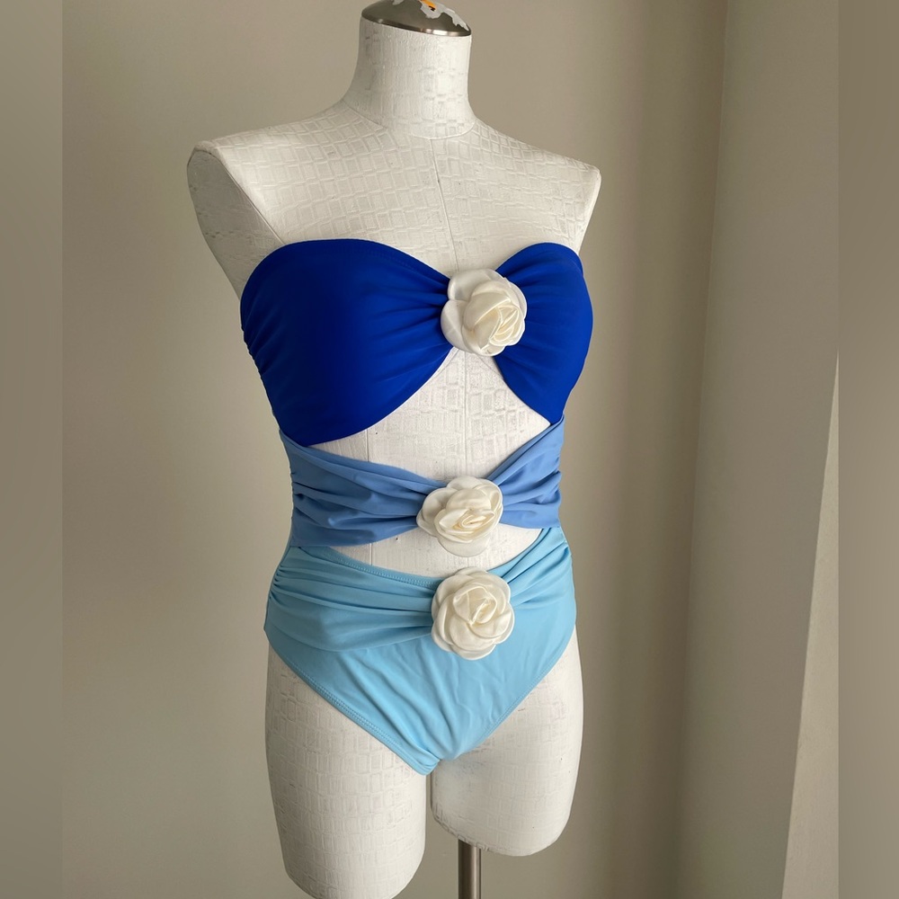 Elegant Blue Gradient One Piece with Floral Rosettes
